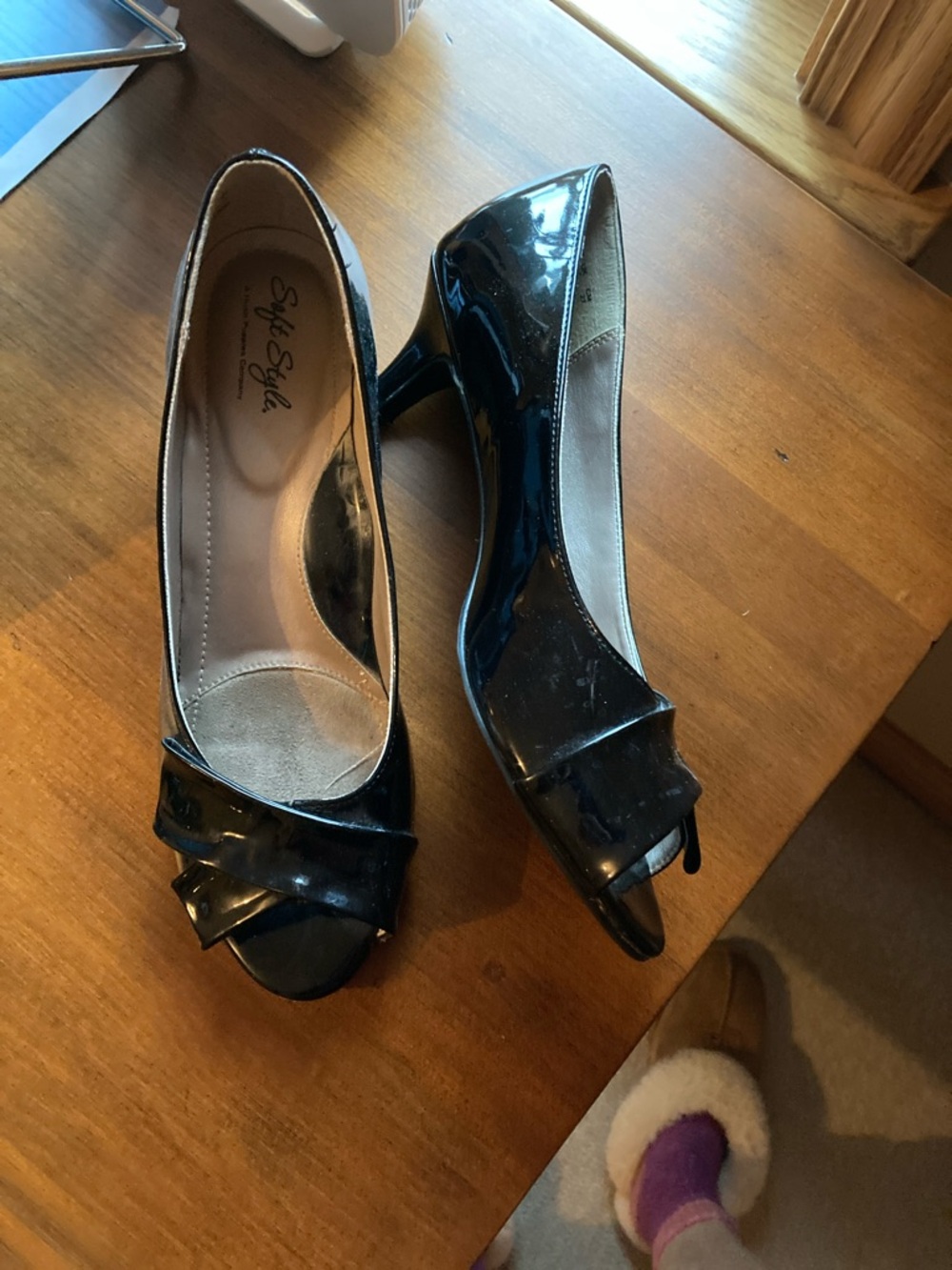 Black Patent Peep-Toe Heels. Size 9.5.   Soft style